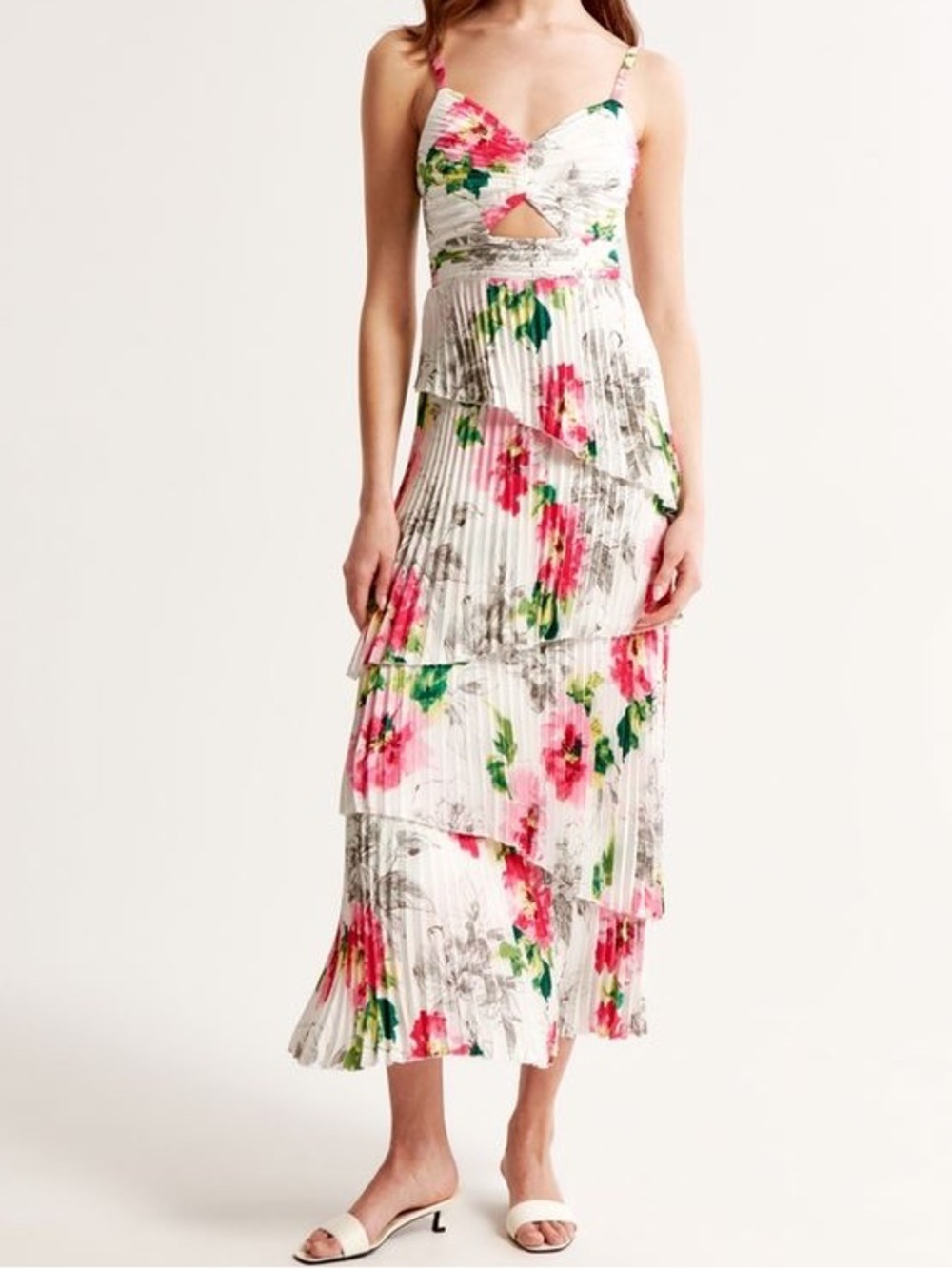 Abercrombie & Fitch Drama Ruffle Pleated Tiered Maxi Dress White Floral